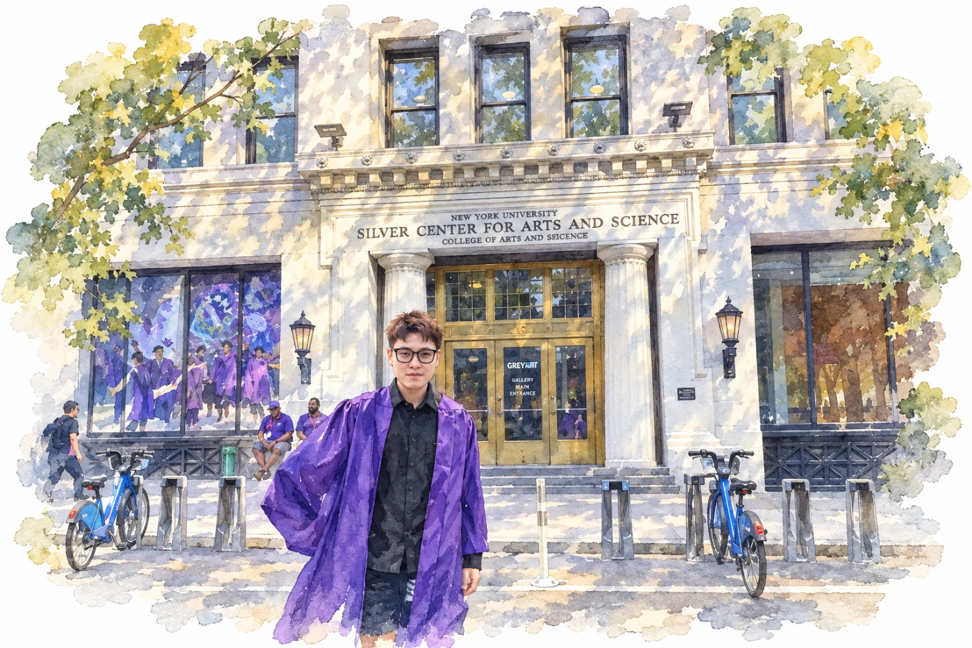 洪梓昊穿着紫色毕业袍站在纽约大学门前（水彩）